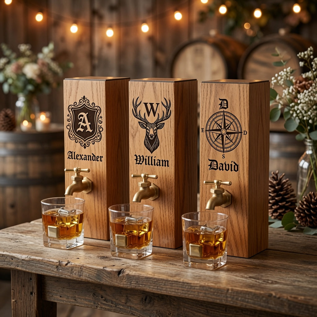 Collection of custom engraved oak whiskey dispensers with different monogram designs, shown as personalized gift options.