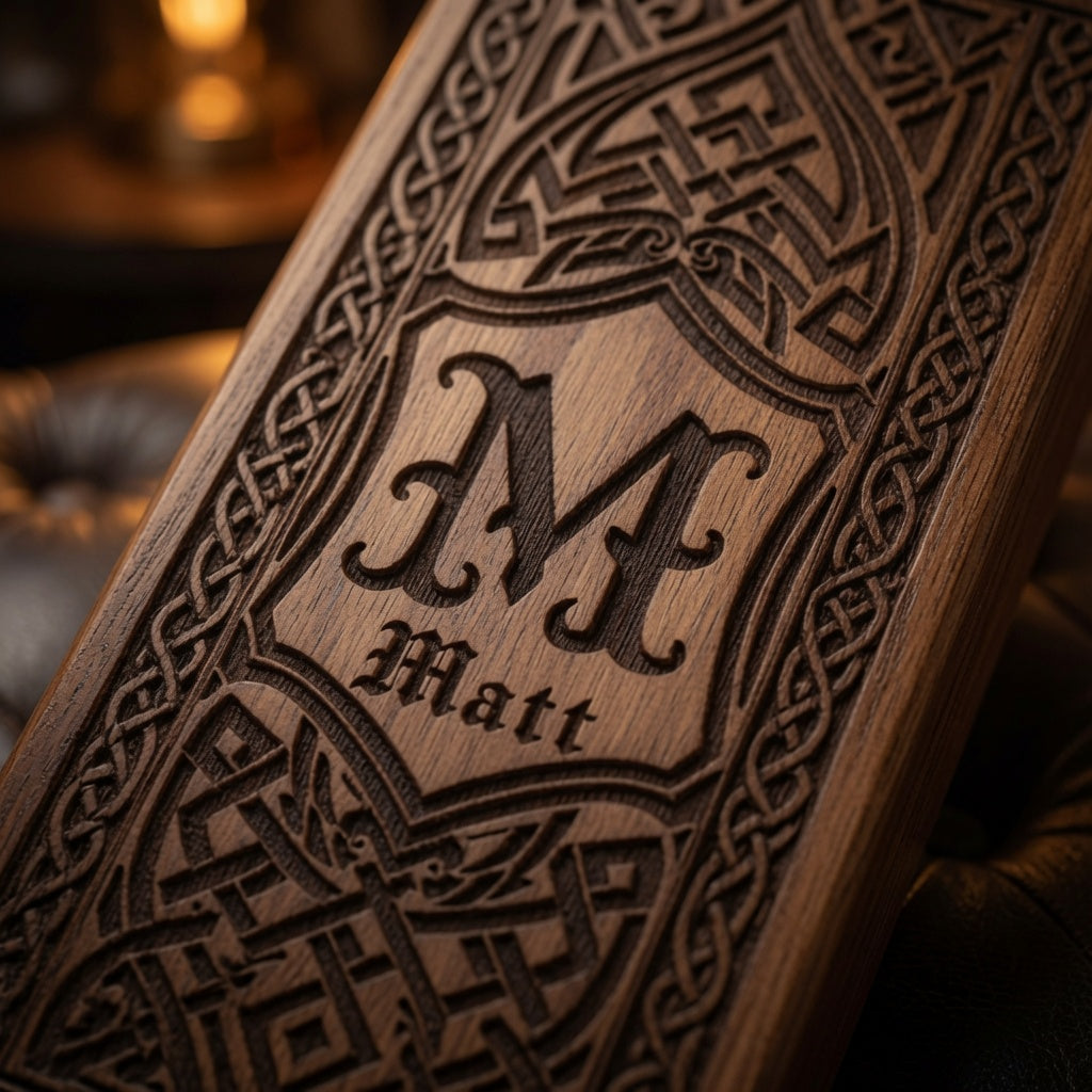 Close-up of engraved monogram and name detail on a personalized oak whiskey dispenser made from lacquered oak.