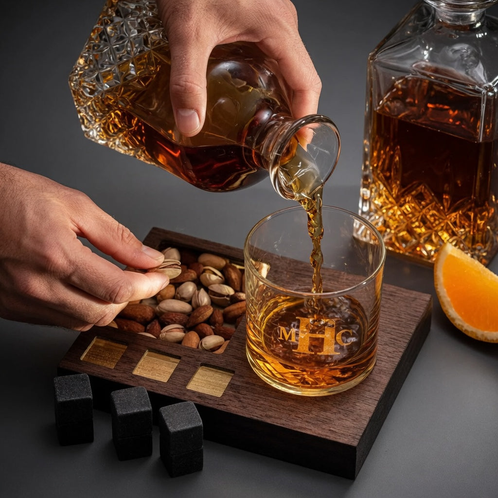 Personalized engraved whiskey glass on LED wooden snack tray while whiskey is being poured.