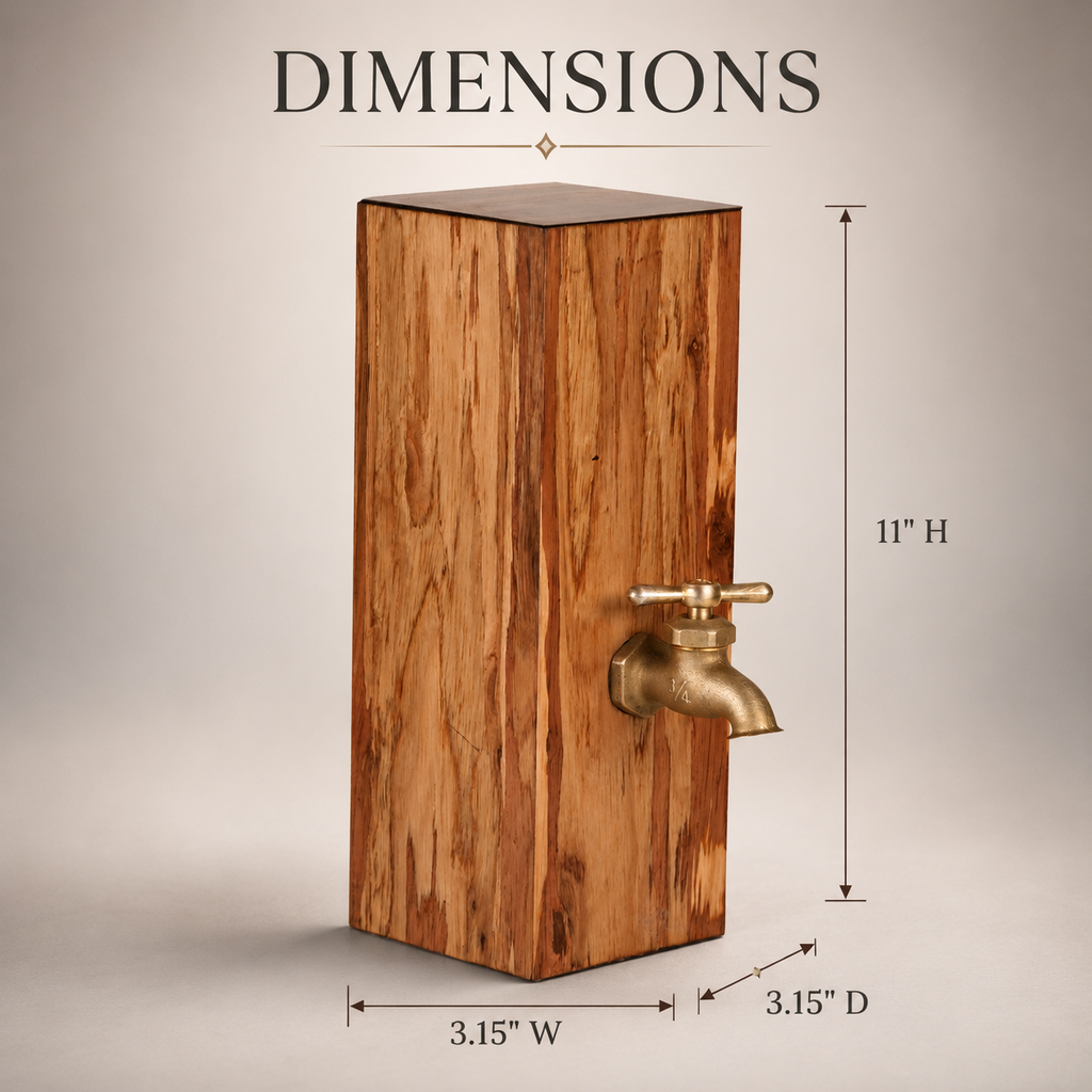 Size guide for eucalyptus wood whiskey dispenser with height, width, and depth dimensions