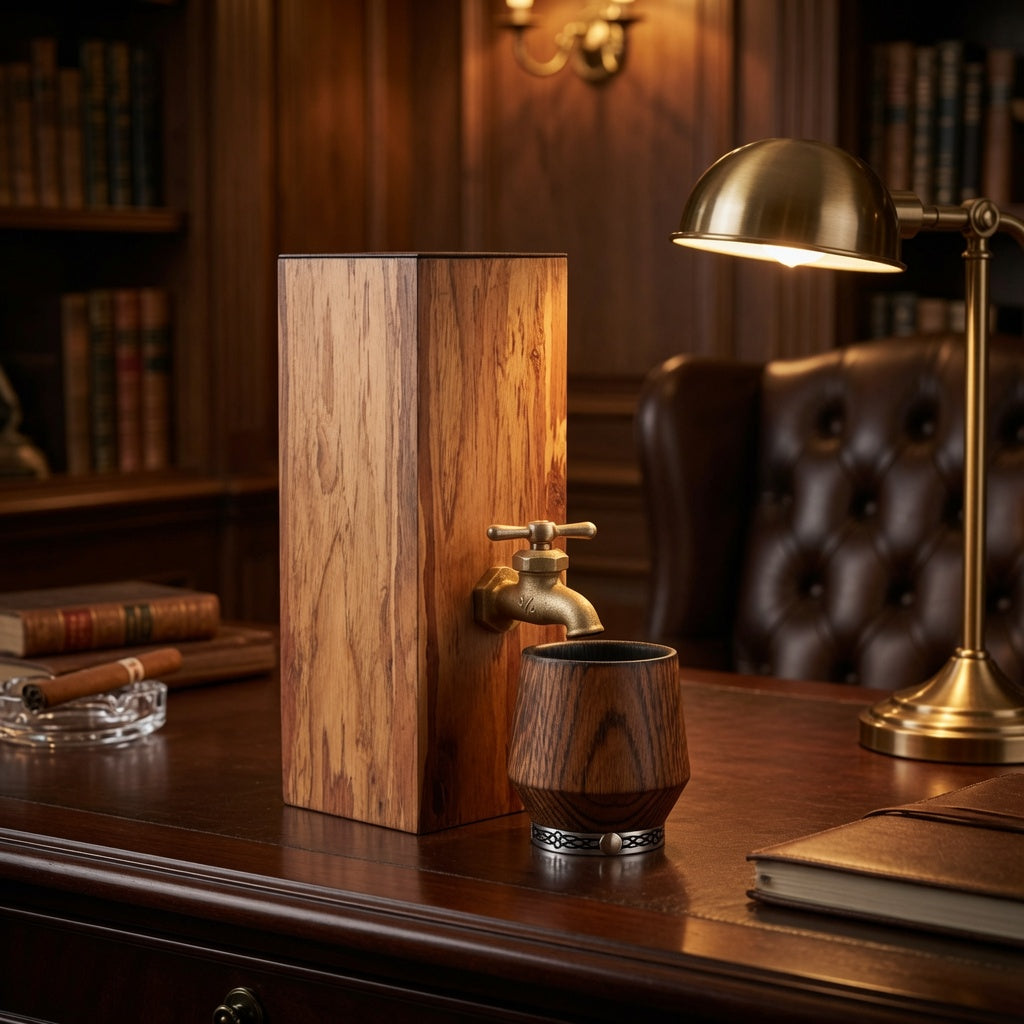 Eucalyptus wood whiskey dispenser displayed in a warm home bar setting