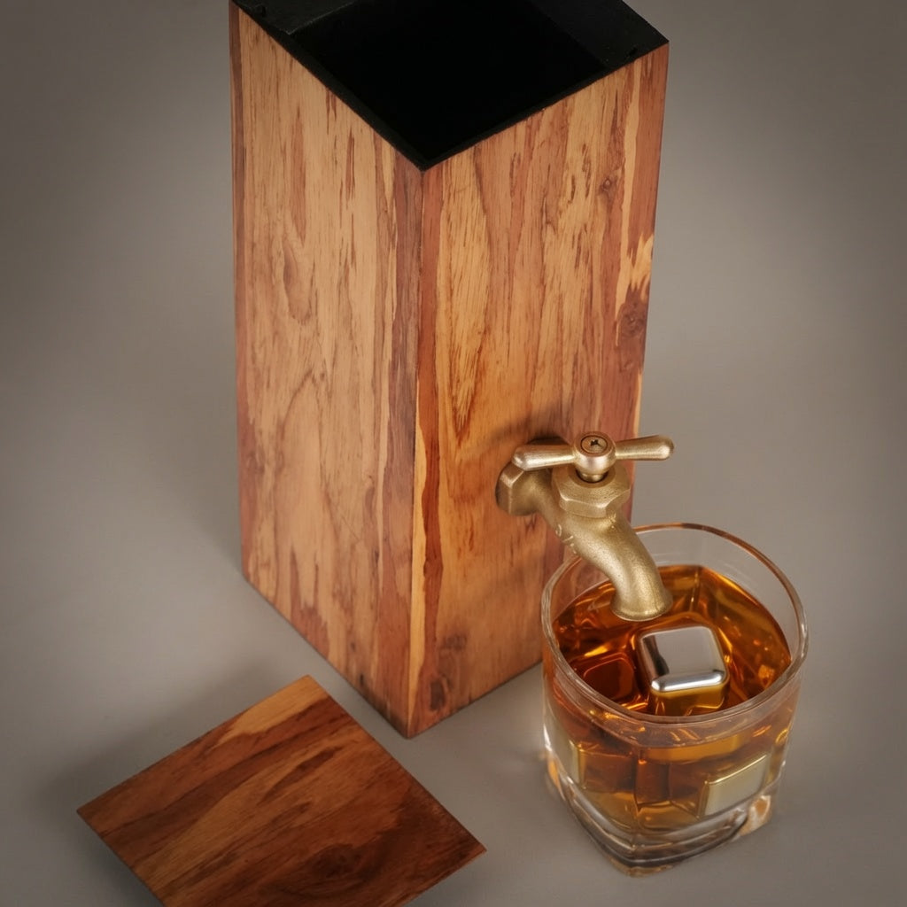 Eucalyptus wood whiskey dispenser with brass faucet displayed with a whiskey glass