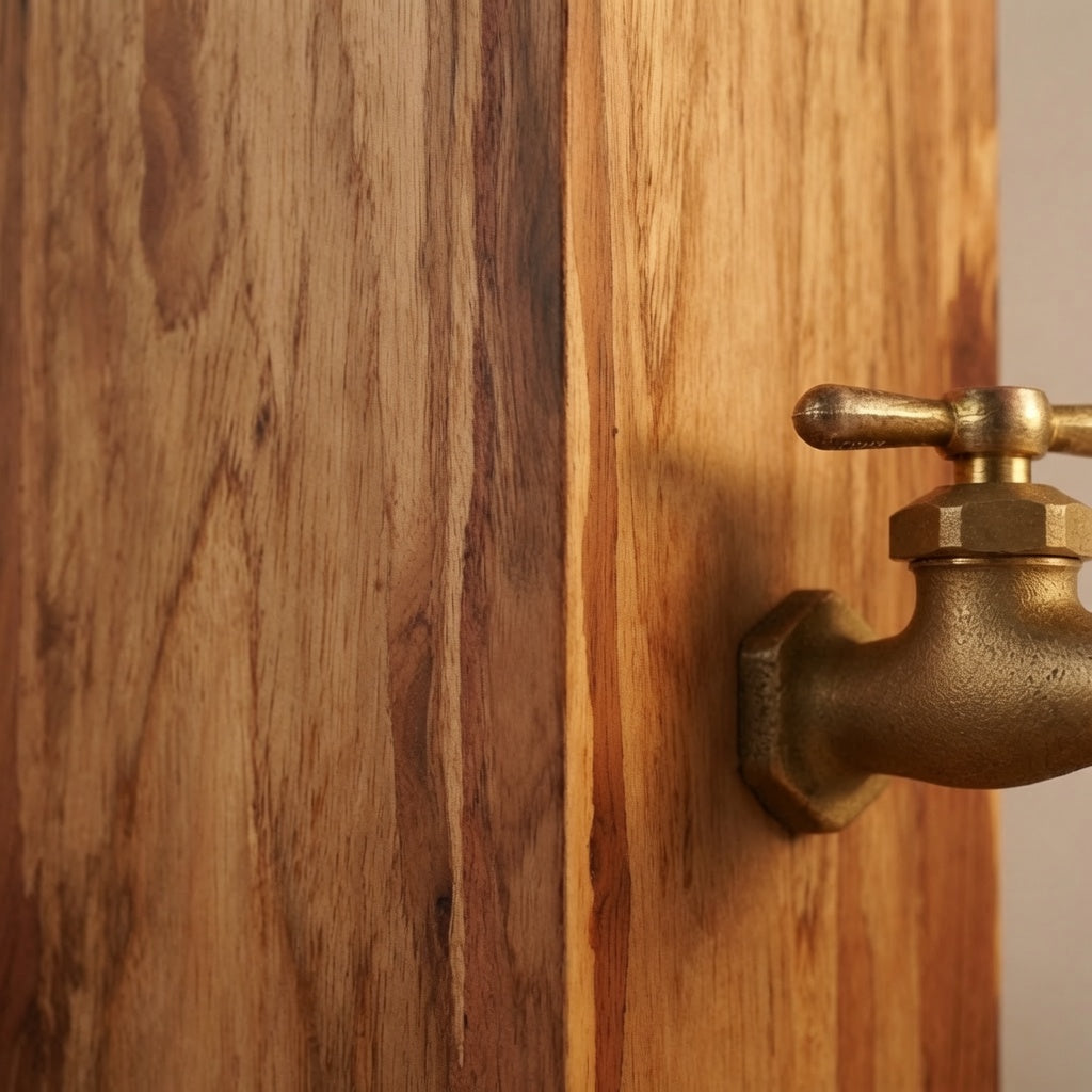 Close-up of lacquered eucalyptus wood grain and brass faucet on whiskey dispenser