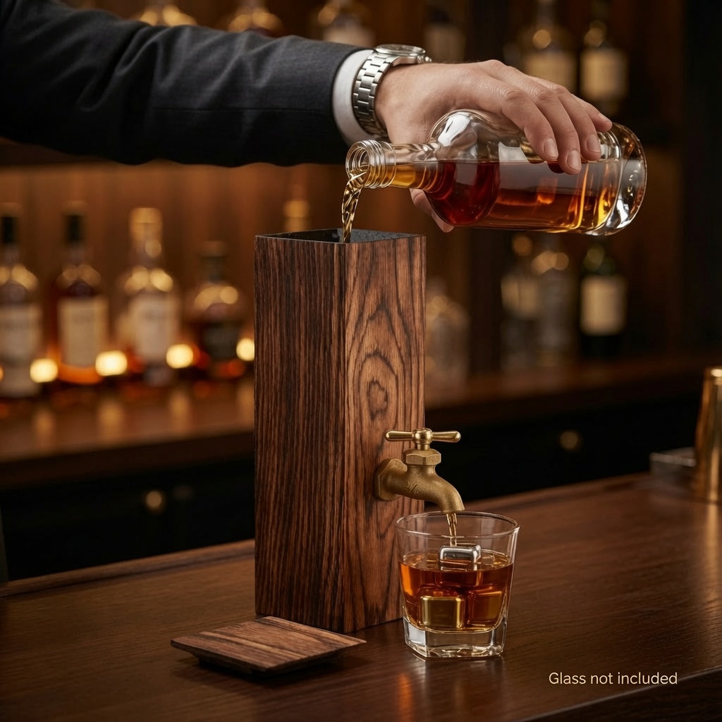 Hand filling a handcrafted oak whiskey dispenser with bourbon for a home bar setup.