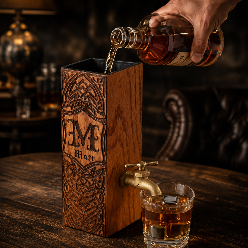 Personalized oak whiskey dispenser being filled from a bottle, showing engraved monogram design and brass faucet.