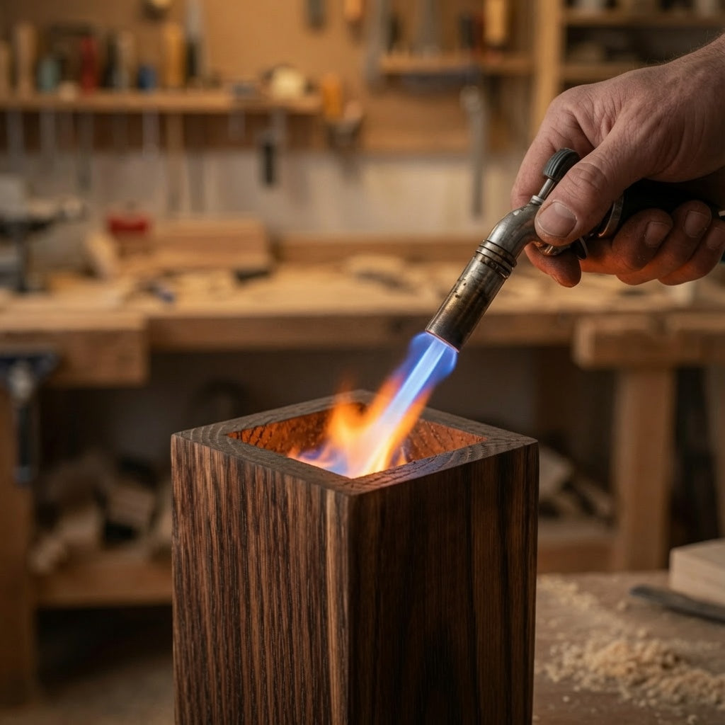 Fire charring process for handmade oak whiskey dispenser to create a barrel-inspired interior.