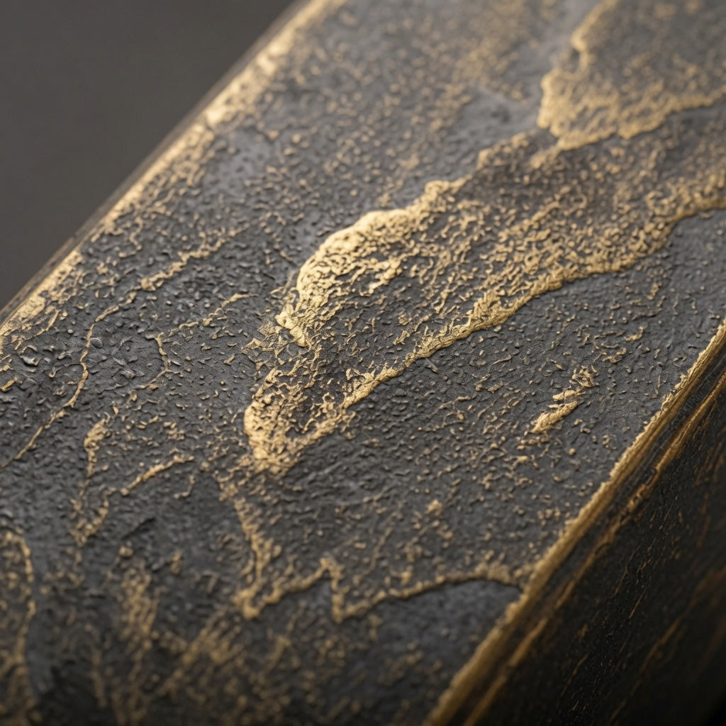Close-up of black slate whiskey dispenser texture with subtle gold-toned finish and natural stone pattern.