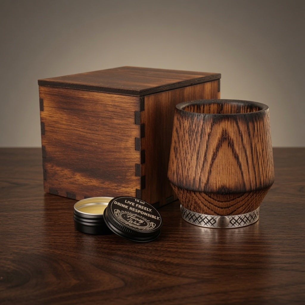 Handcrafted oak whiskey glass gift set with burned wooden box and beeswax care balm