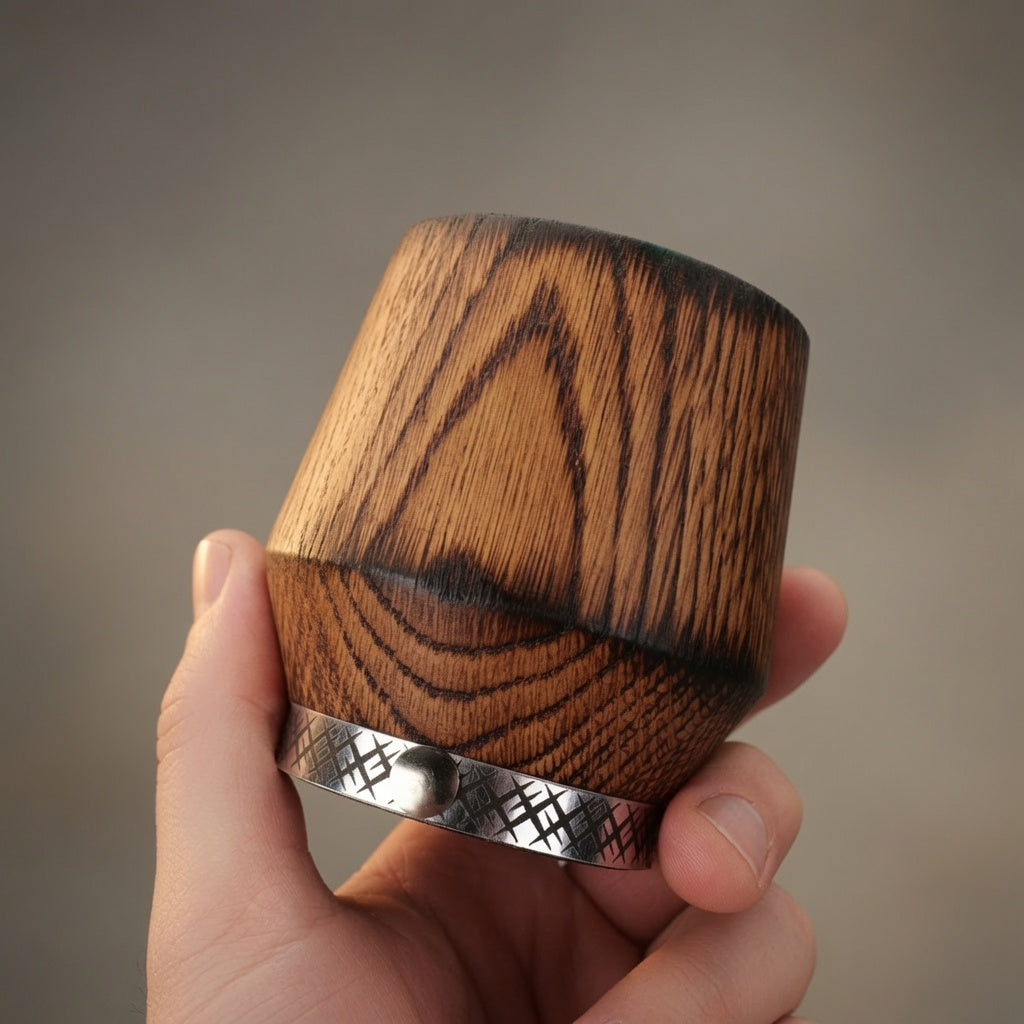 Hand holding a charred oak whiskey glass to show its size and natural wood grain.