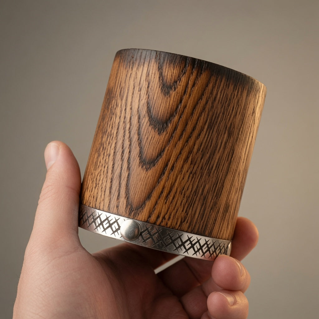 Hand holding a charred oak wood whiskey tumbler to show size, shape, and natural grain.