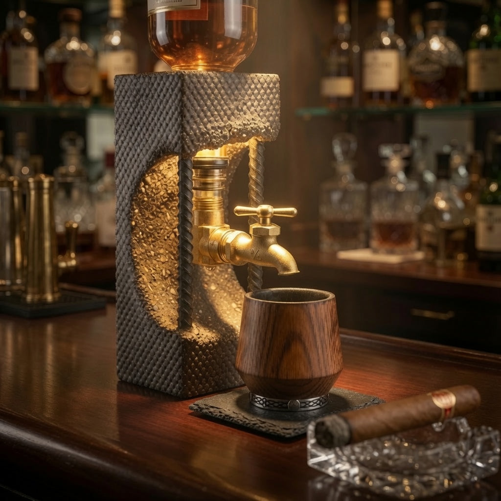 Handmade concrete whiskey dispenser with brass faucet in a warm home bar setting