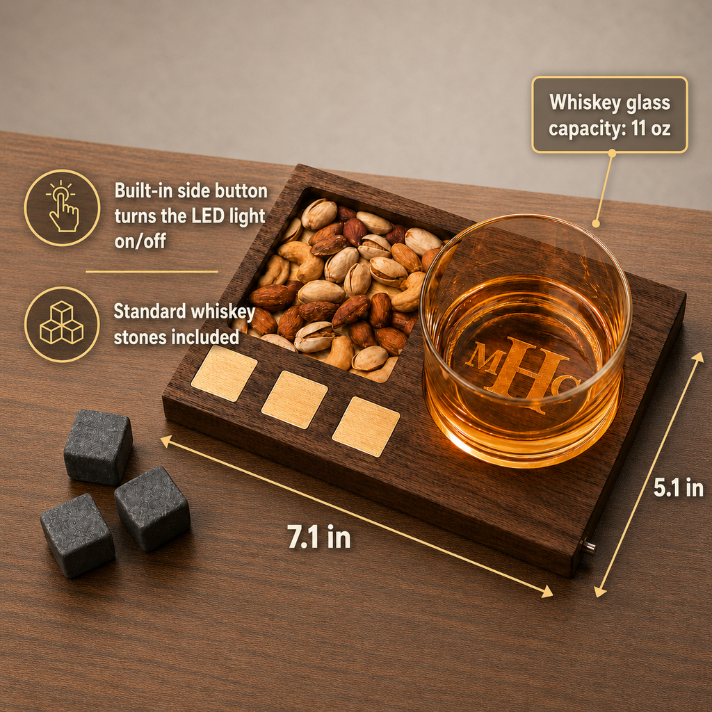 Personalized LED whiskey glass set with 11 oz glass, 7.1 by 5.1 inch wooden base, snack tray, and whiskey stones.