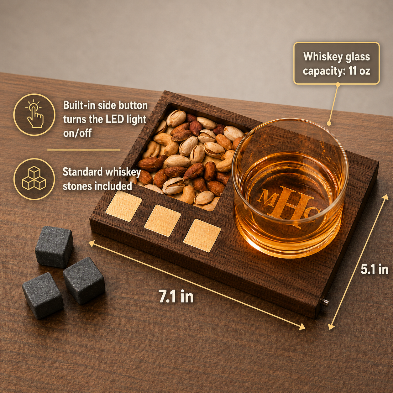 Personalized LED whiskey glass set with 11 oz glass, 7.1 by 5.1 inch wooden base, snack tray, and whiskey stones.