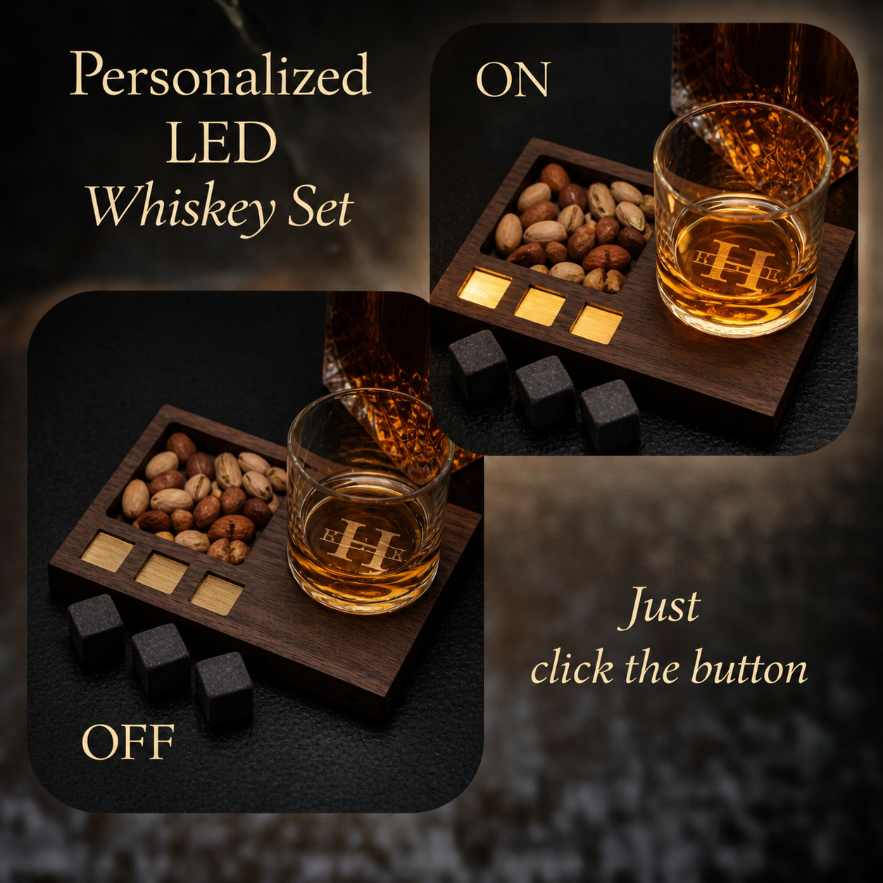 Personalized LED whiskey glass set showing illuminated wooden base with engraving glow on and off.