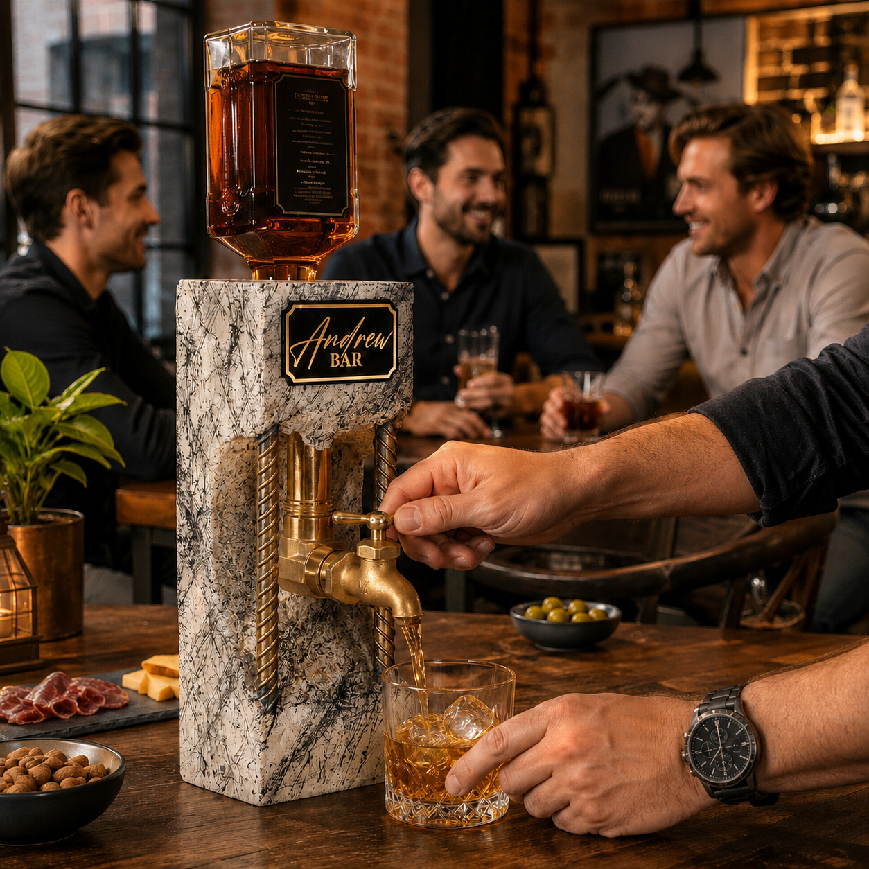 Personalized concrete liquor dispenser used in a home bar setting as a custom gift for him or whiskey lover