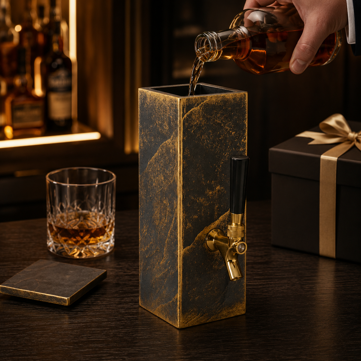 Luxury black slate whiskey dispenser with gold-toned finish and brass faucet displayed in a dark bar setting.