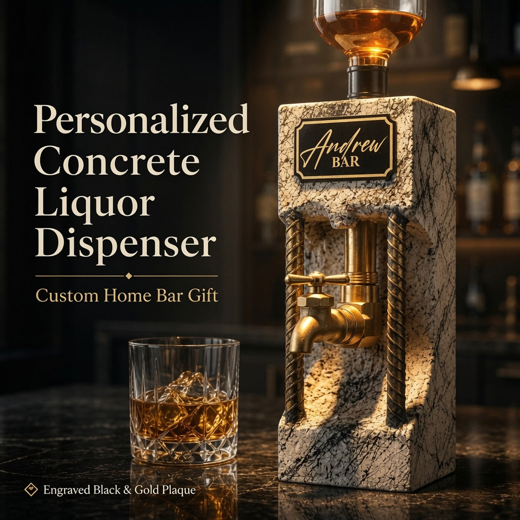 Personalized concrete liquor dispenser with black and gold engraved plaque, brass tap, and industrial home bar style