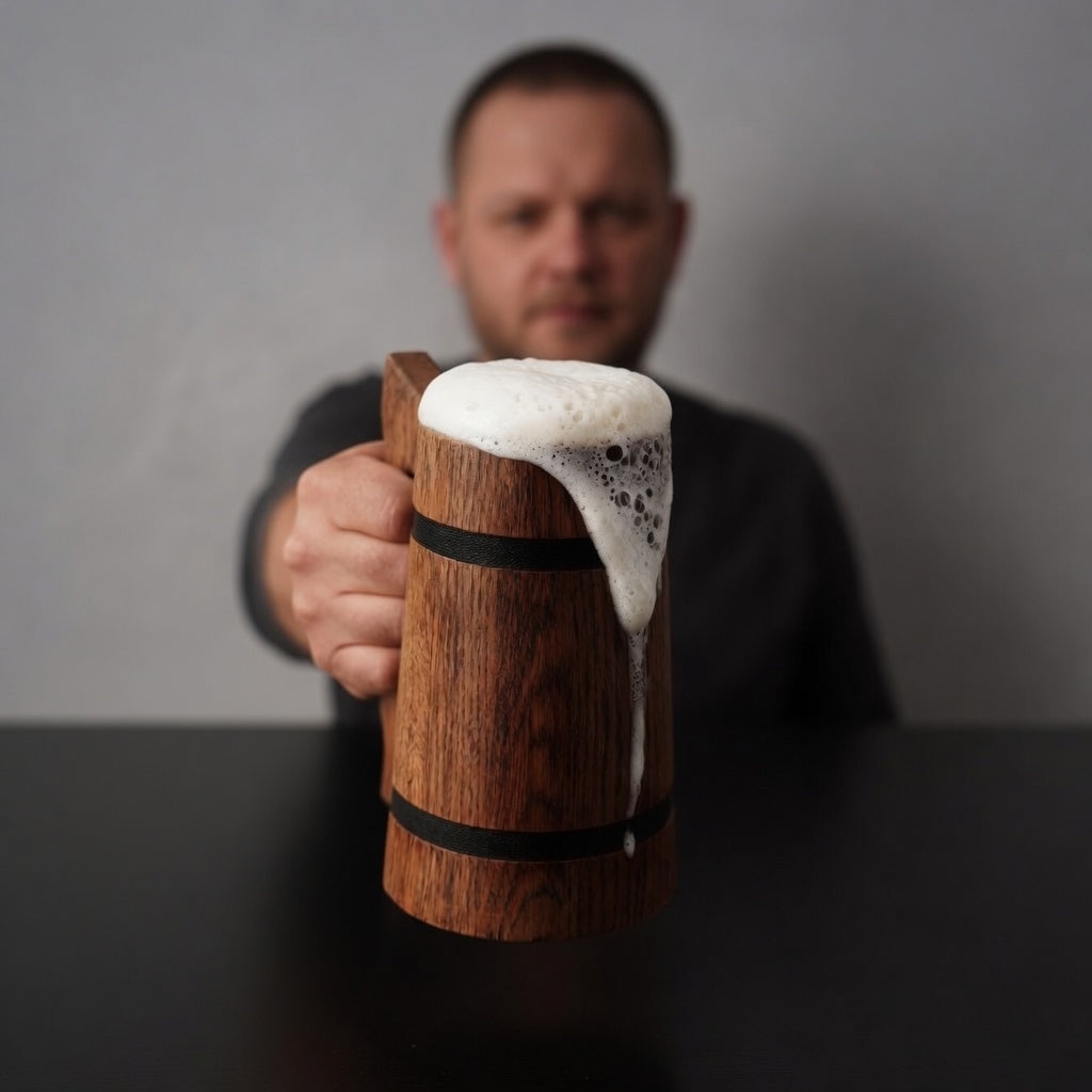 Handheld 22 oz oak beer stein showing size and rustic wooden tankard design.