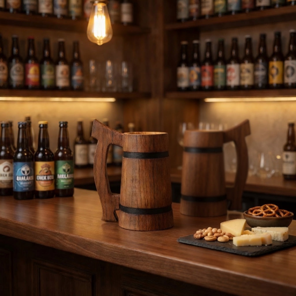 Handcrafted oak beer stein displayed in a home bar setting as rustic barware and beer lover gift.