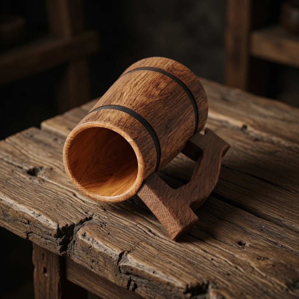 Interior view of handcrafted oak beer stein showing natural wood grain and rustic finish.
