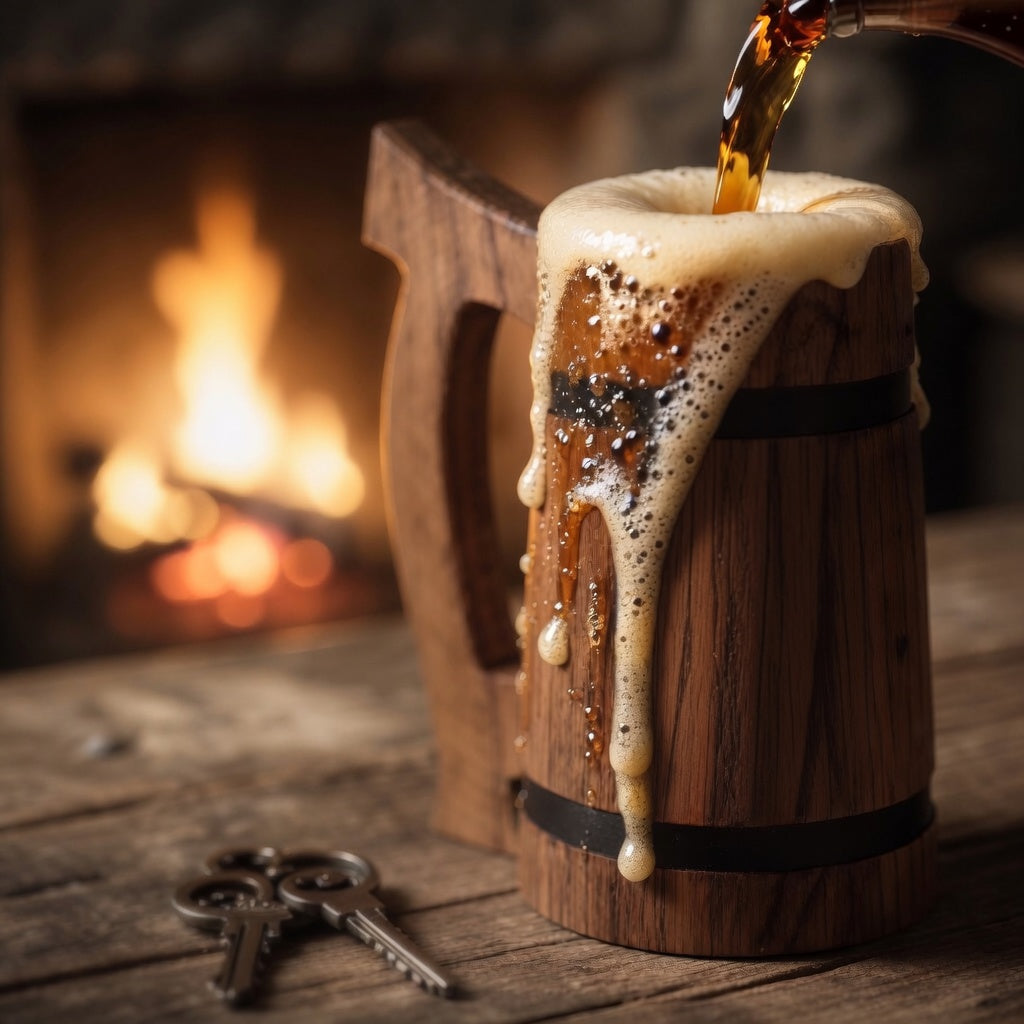 Rustic oak beer stein filled with beer foam, handcrafted 22 oz wooden beer mug.
