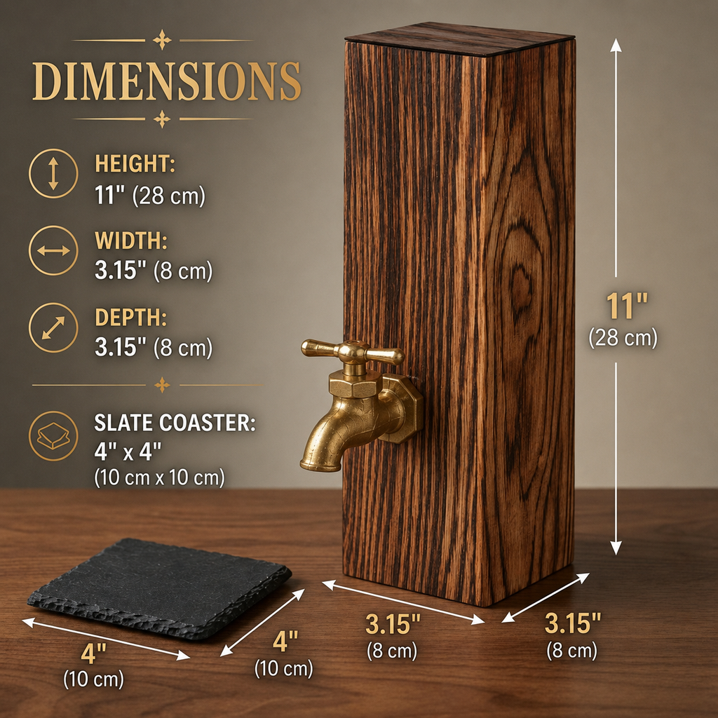 Oak whiskey dispenser dimensions showing 11 inch height, 3.15 inch width, and slate coaster size.