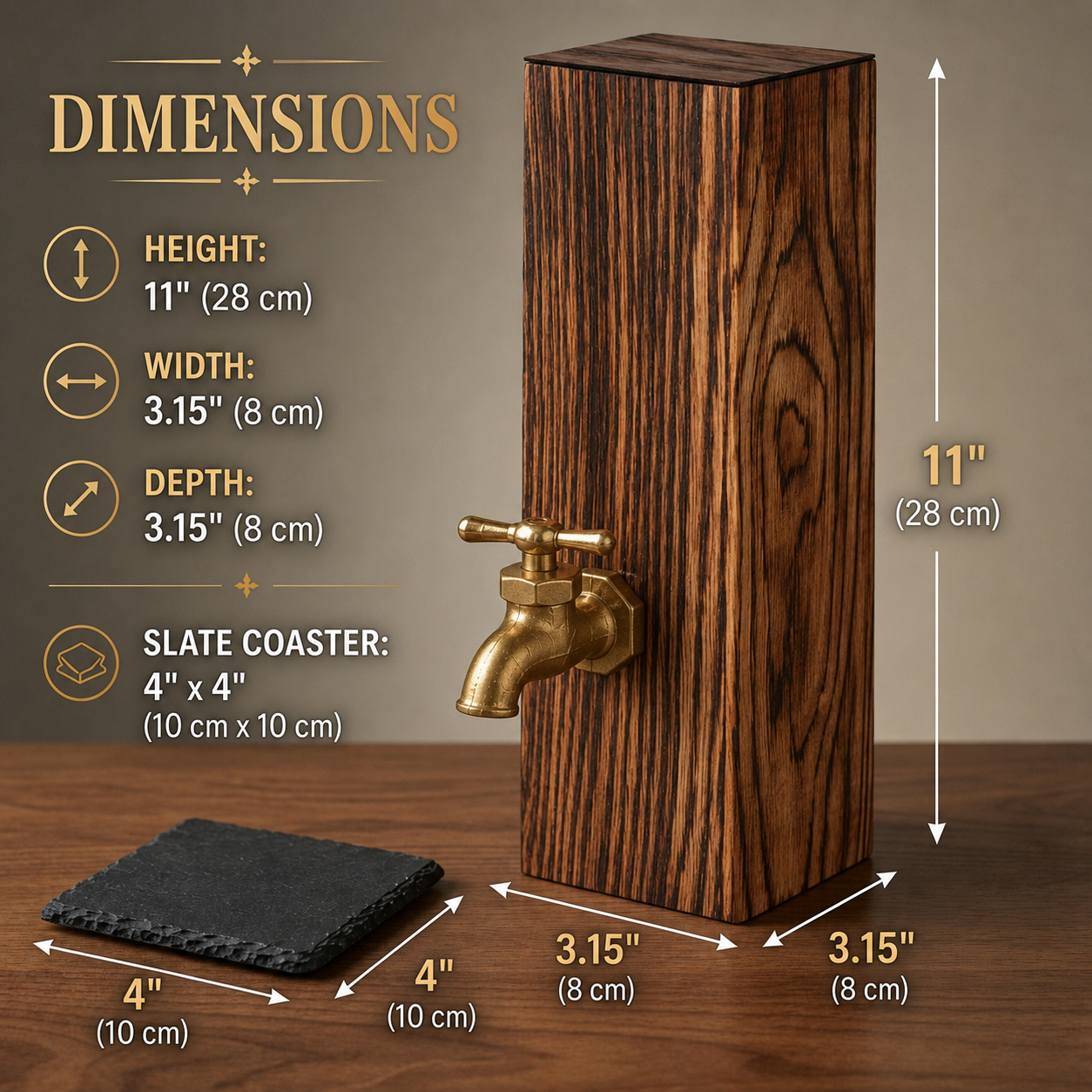 Oak whiskey dispenser dimensions showing 11 inch height, 3.15 inch width, and slate coaster size.