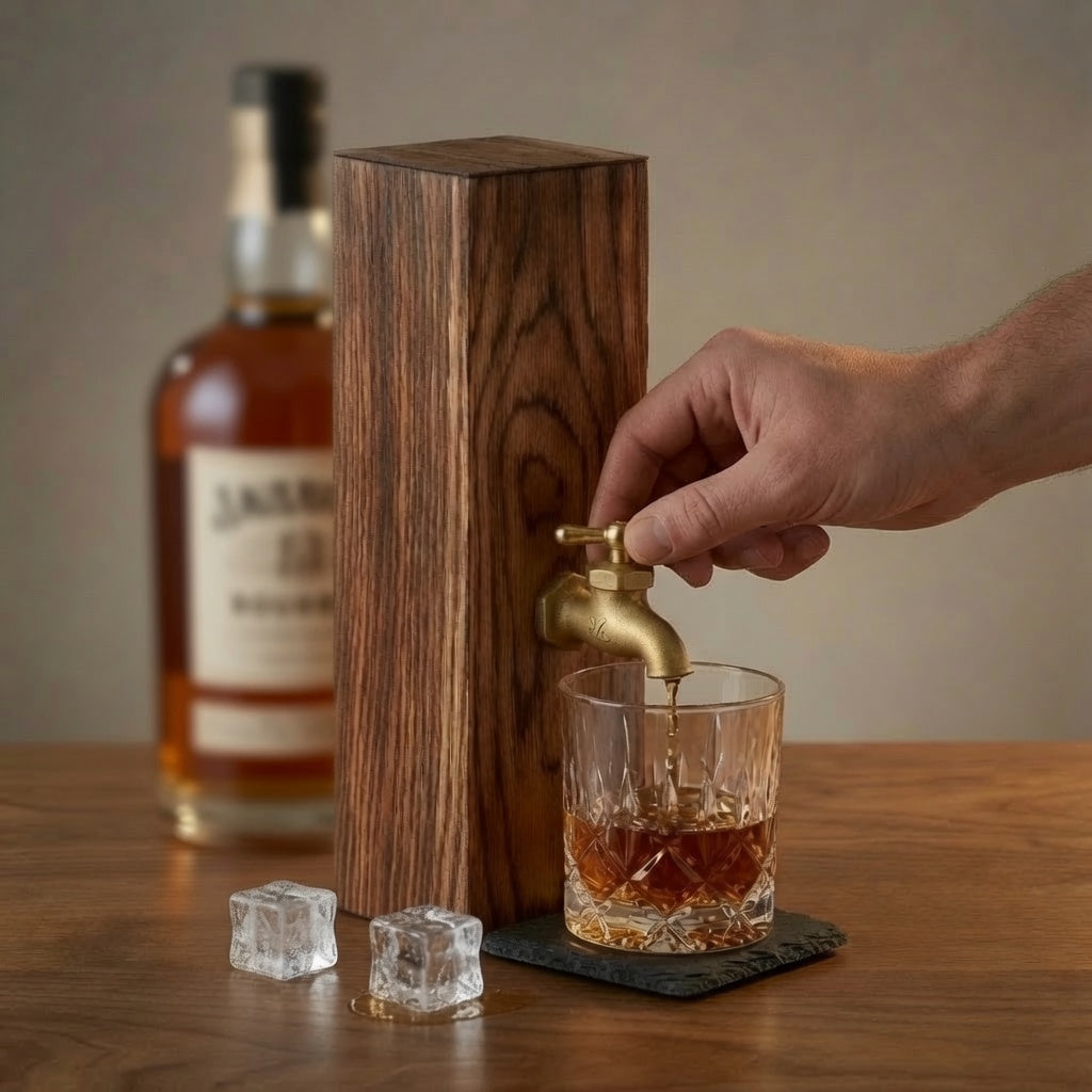 Oak whiskey dispenser with brass faucet being used to pour whiskey into a glass.
