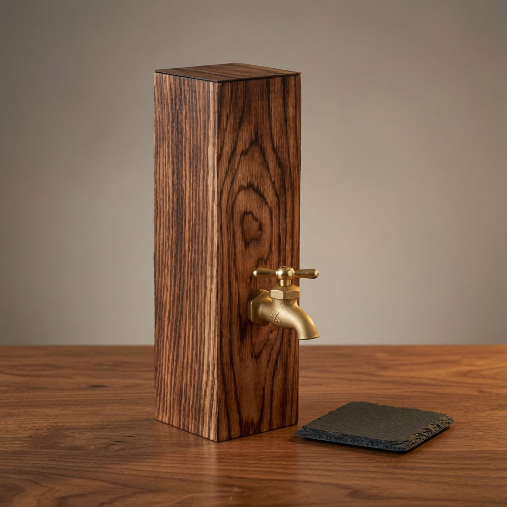 Handcrafted oak whiskey dispenser with brass faucet and slate coaster on a wooden surface.