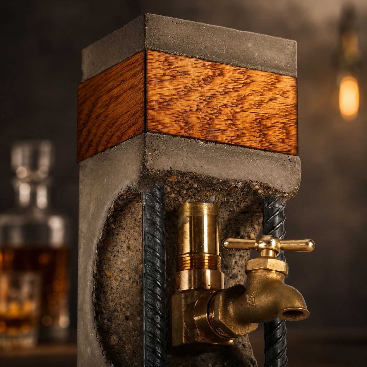 Close-up of oak wood accent, concrete body, brass tap, and industrial steel rebar details