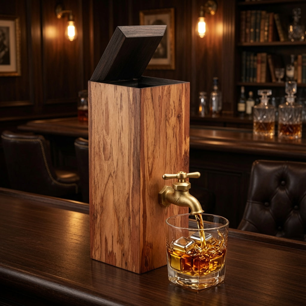 Open eucalyptus wood whiskey dispenser showing dark flame-charred interior