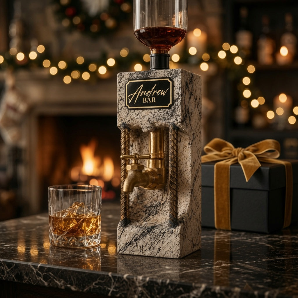 Personalized concrete liquor dispenser styled as a luxury home bar gift with warm lights and gift box