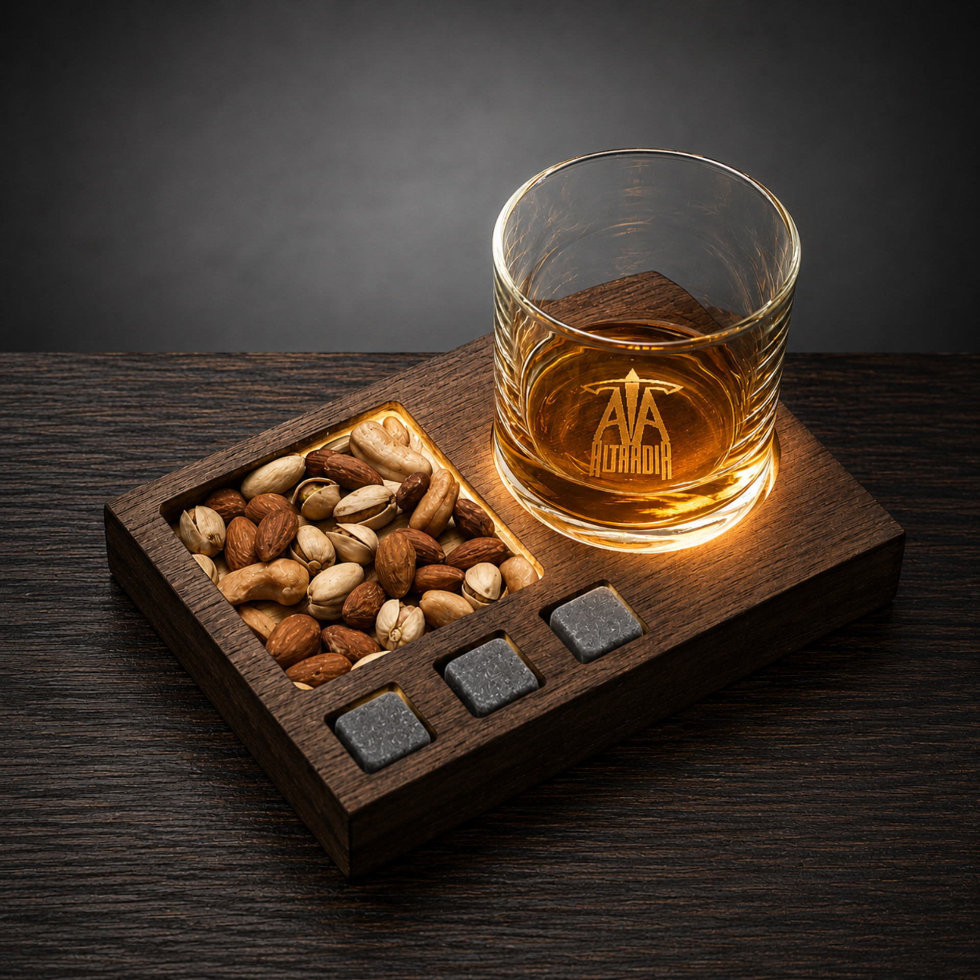 Personalized LED whiskey glass set with engraved glass, illuminated wooden snack tray, and whiskey stones.