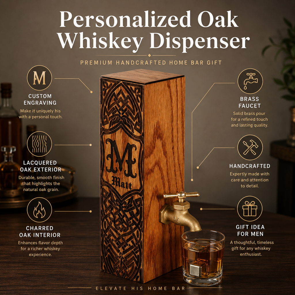 Infographic showing the features of a personalized oak whiskey dispenser, including engraved design, charred interior, and brass faucet.