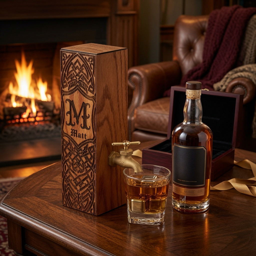 Personalized oak whiskey dispenser with engraved monogram displayed on a home bar with whiskey bottle and glass.
