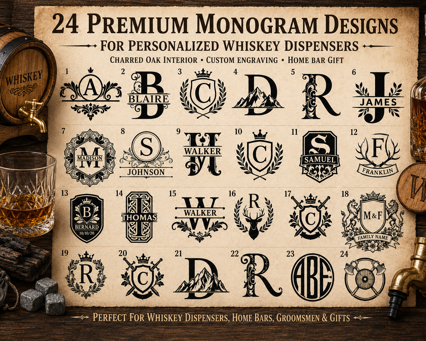 Monogram design options for a personalized oak whiskey dispenser, showing multiple engraving styles and initials.