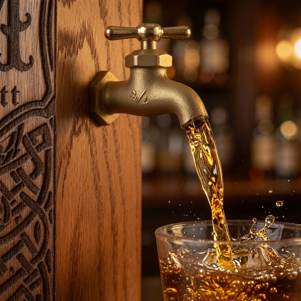Close-up of a personalized oak whiskey dispenser with brass faucet pouring whiskey into a glass.