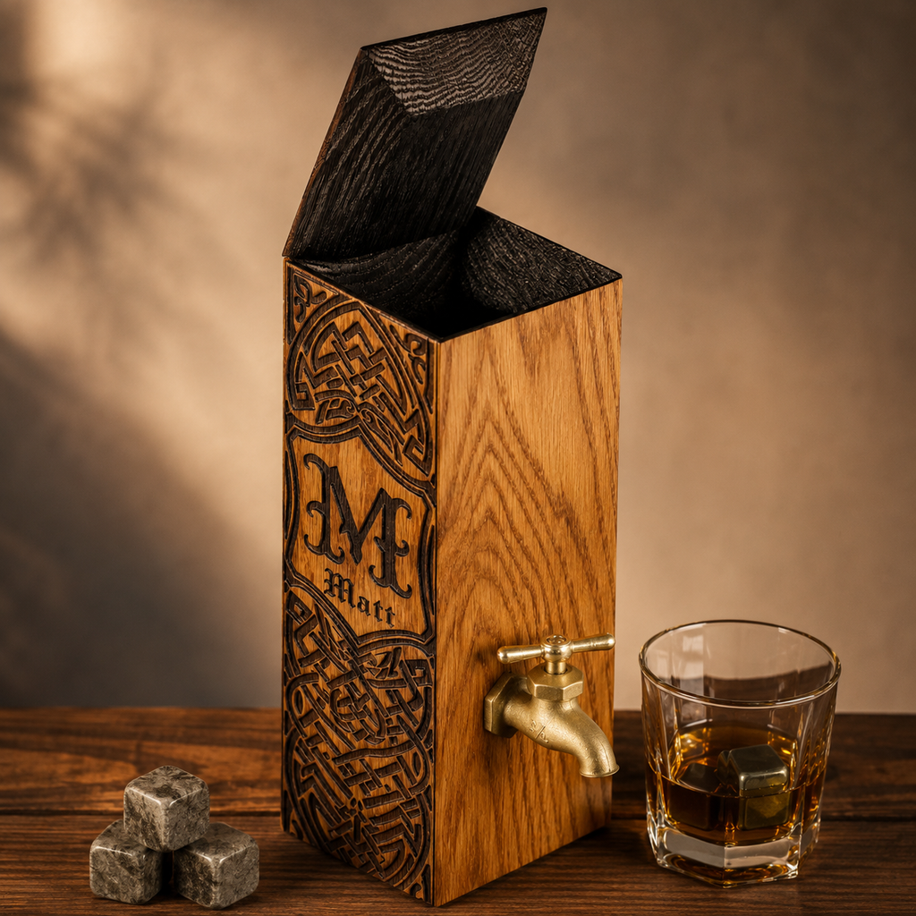 Personalized oak whiskey dispenser with open lid, showing the flame-charred interior and brass faucet beside a whiskey glass.