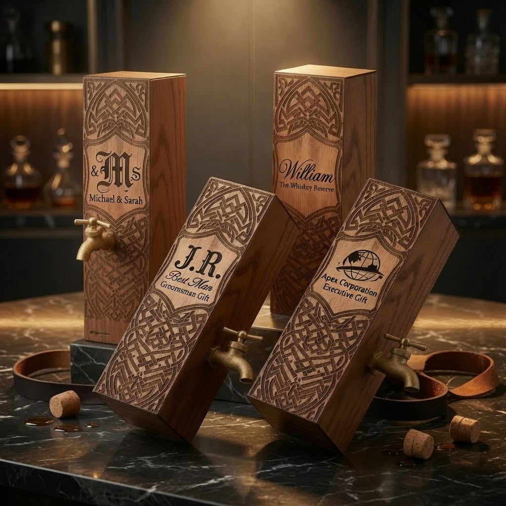 Multiple personalized oak whiskey dispensers with engraved monograms displayed together as custom gift ideas.