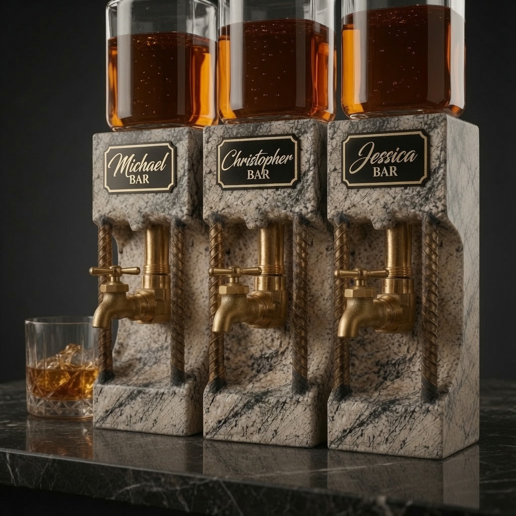 Personalized concrete liquor dispenser examples with different engraved plaque designs for custom bar decor