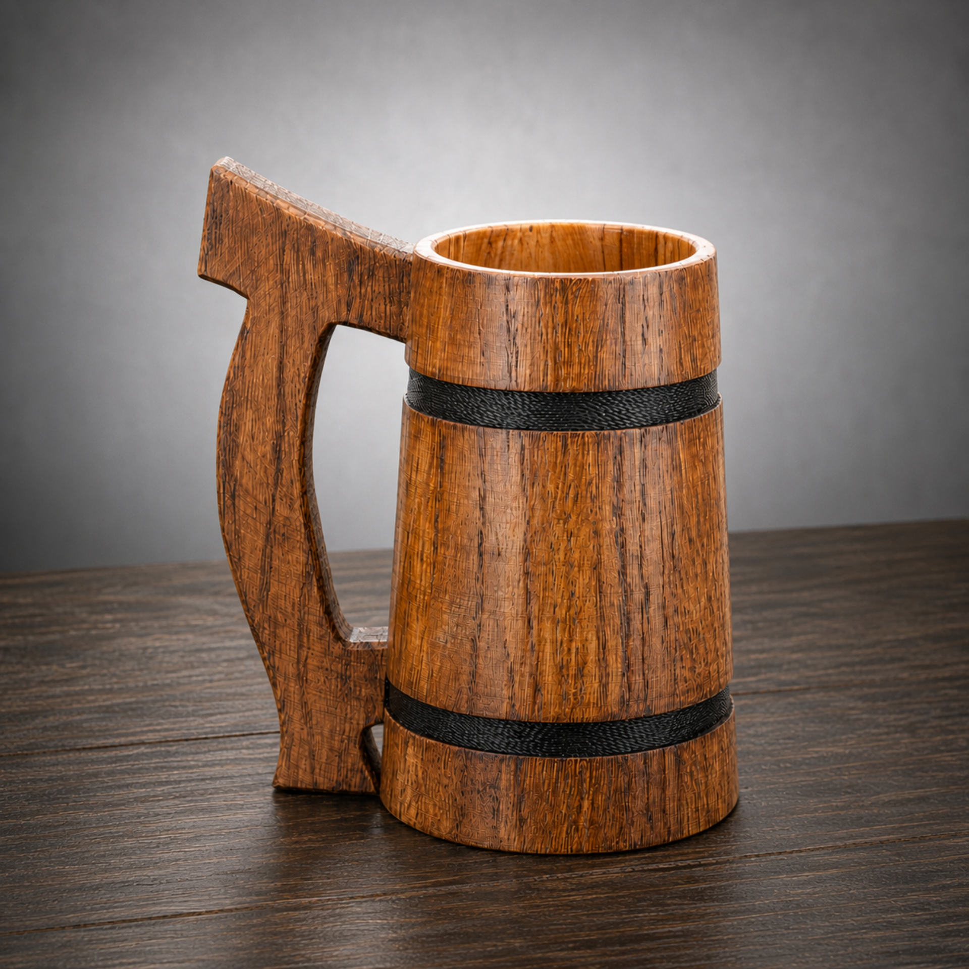 Handcrafted rustic oak beer stein, 22 oz wooden tankard and can holder on a dark wooden surface.