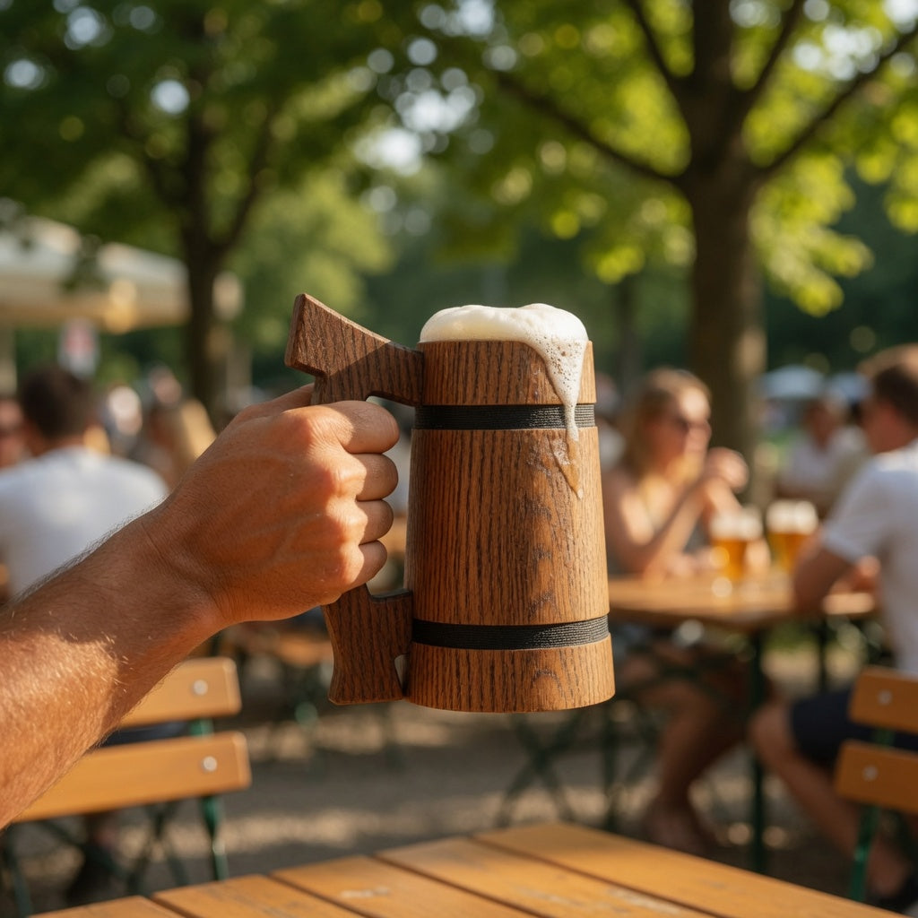 Rustic wooden beer mug used outdoors, handcrafted oak beer stein for beer lovers and gatherings.