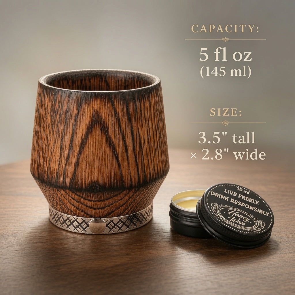 Charred oak whiskey glass with capacity and size details, 5 fl oz, 3.5 inches high.