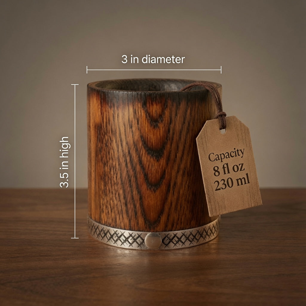 Charred oak whiskey rocks glass with size and capacity details, 8 fl oz bourbon tumbler.