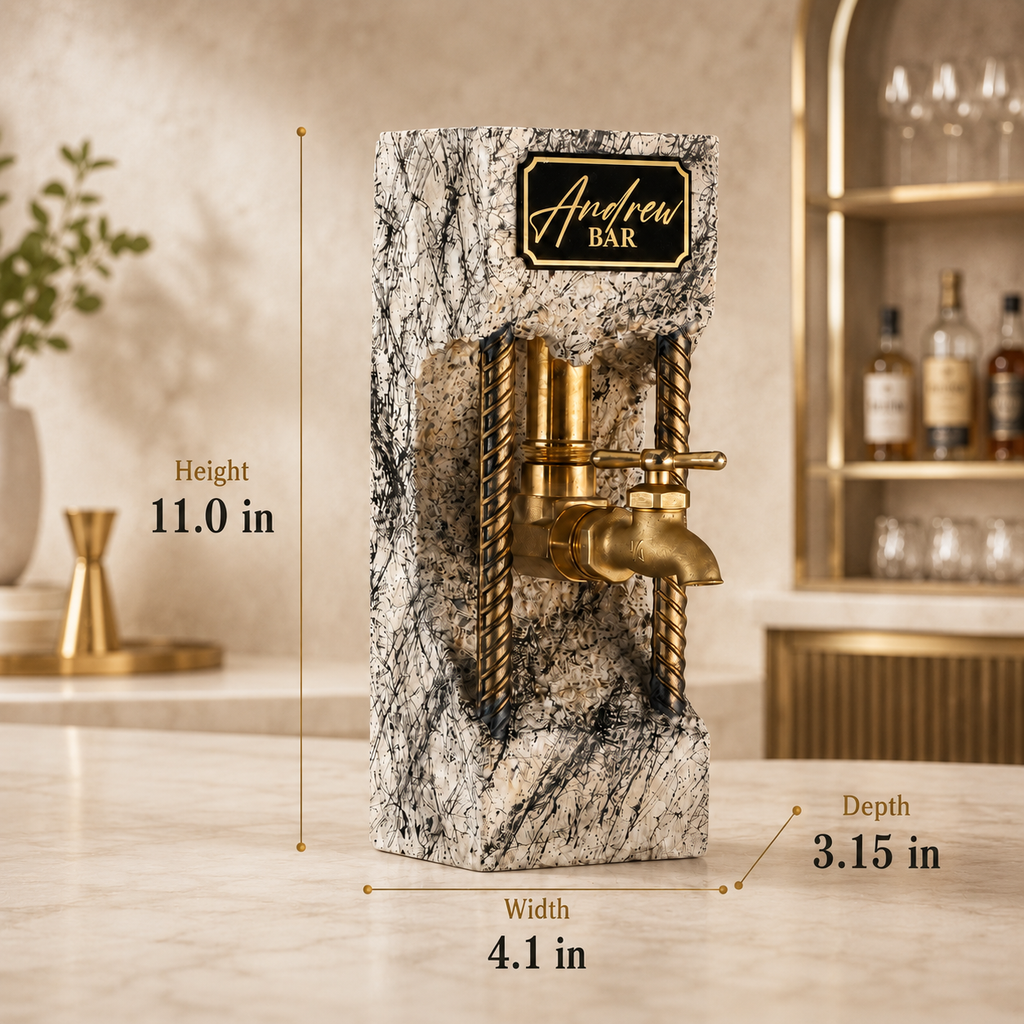 Personalized concrete liquor dispenser dimensions showing 11 inch height, 4.1 inch width, and 3.15 inch depth