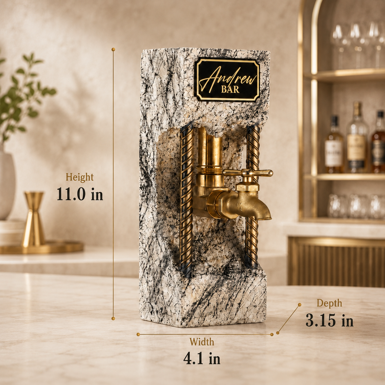 Personalized concrete liquor dispenser dimensions showing 11 inch height, 4.1 inch width, and 3.15 inch depth
