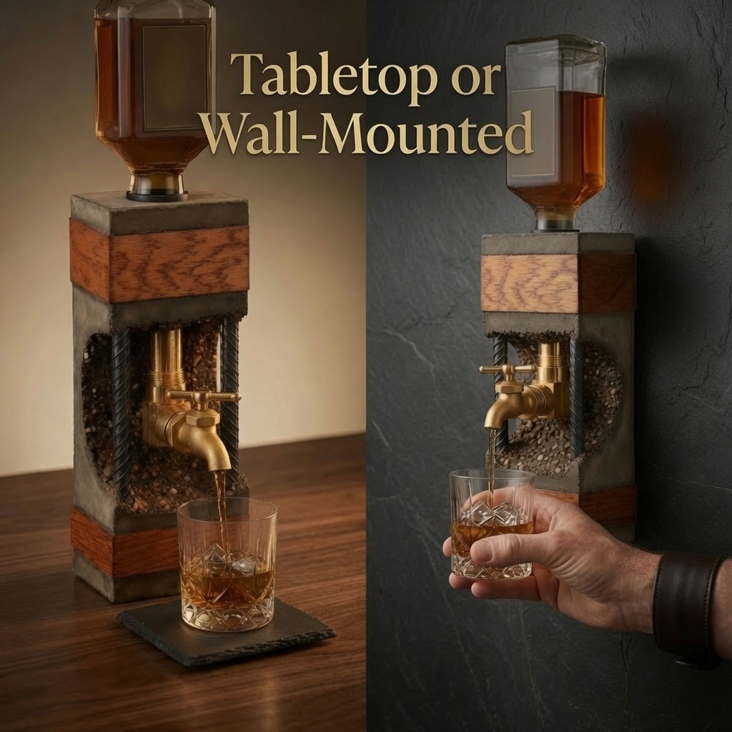 Concrete and oak whiskey dispenser shown as tabletop and wall-mounted bar design