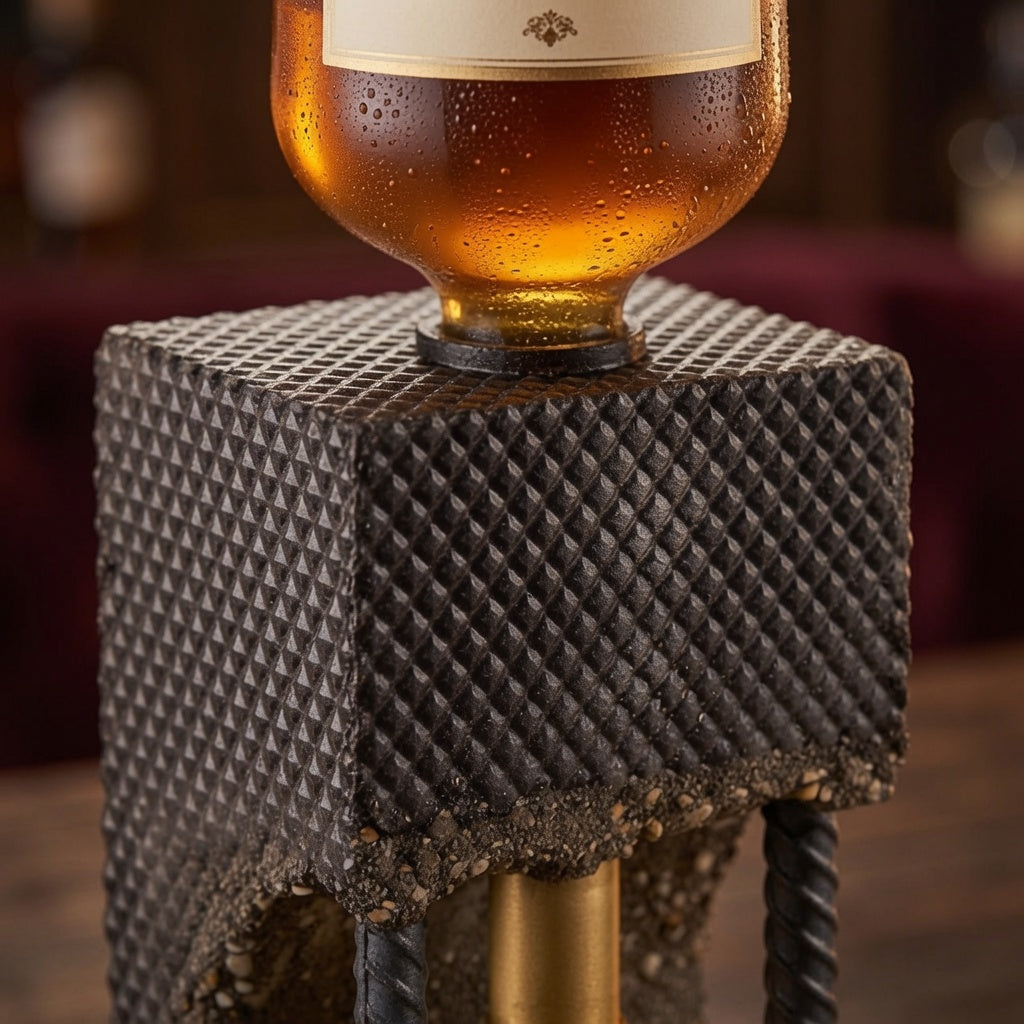 Top detail of textured concrete whiskey dispenser with bottle connection and brass fitting