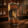 Wall-mounted concrete and oak whiskey dispenser with brass tap in rustic home bar setting