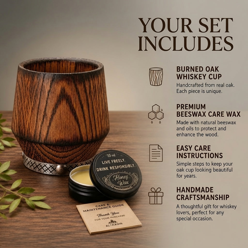 Oak whiskey glass gift set with care wax, easy care instructions, and handmade details.